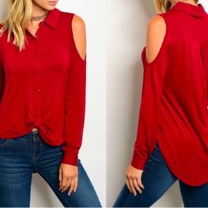 🌹 Coming Soon 🌹 Red Wine Cold Shoulder Button Up Shirt